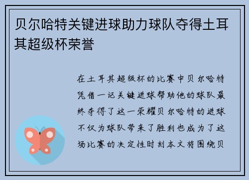 贝尔哈特关键进球助力球队夺得土耳其超级杯荣誉 贝尔哈特关键进球助力球队夺得土耳其超级杯荣誉