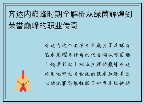齐达内巅峰时期全解析从绿茵辉煌到荣誉巅峰的职业传奇